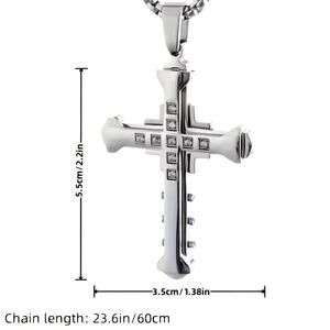 Polished Steel Cross Necklace | 24in 3mm Box Chain | CZ Accents